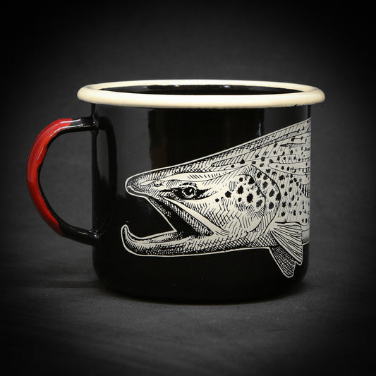 A black mug showing the head of a brown trout