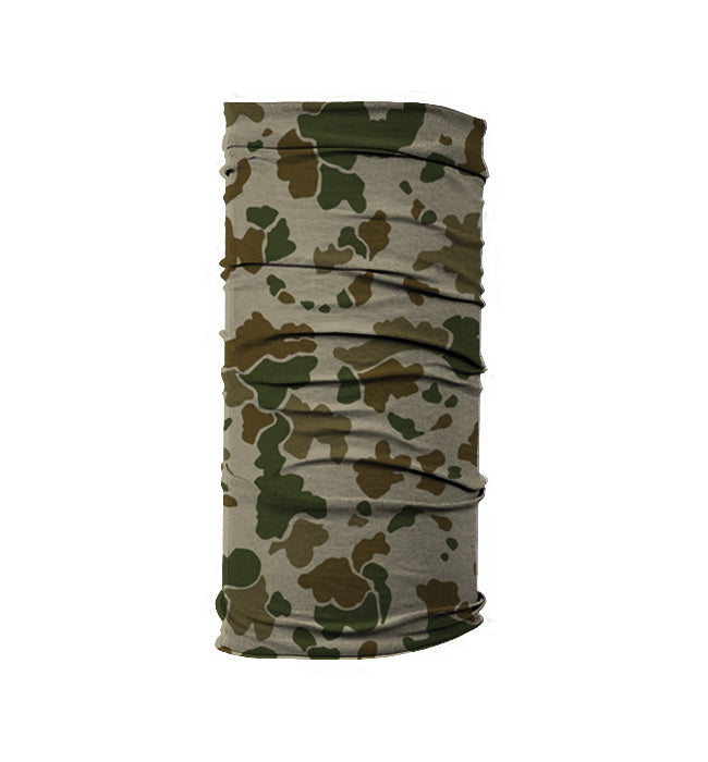 A neck tube has a camoflage pattern on it