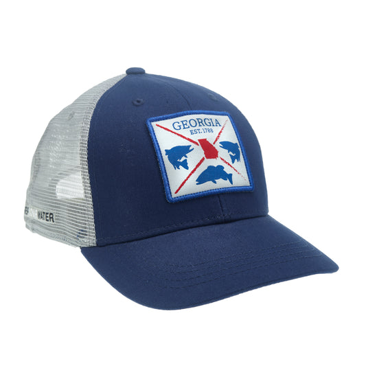 A hat with light gray mesh in the back and navy blue fabric in the front. A square patch on the front of the hat features four fish, the shape of the state of Georgia and "Georgia EST. 1788" in text.