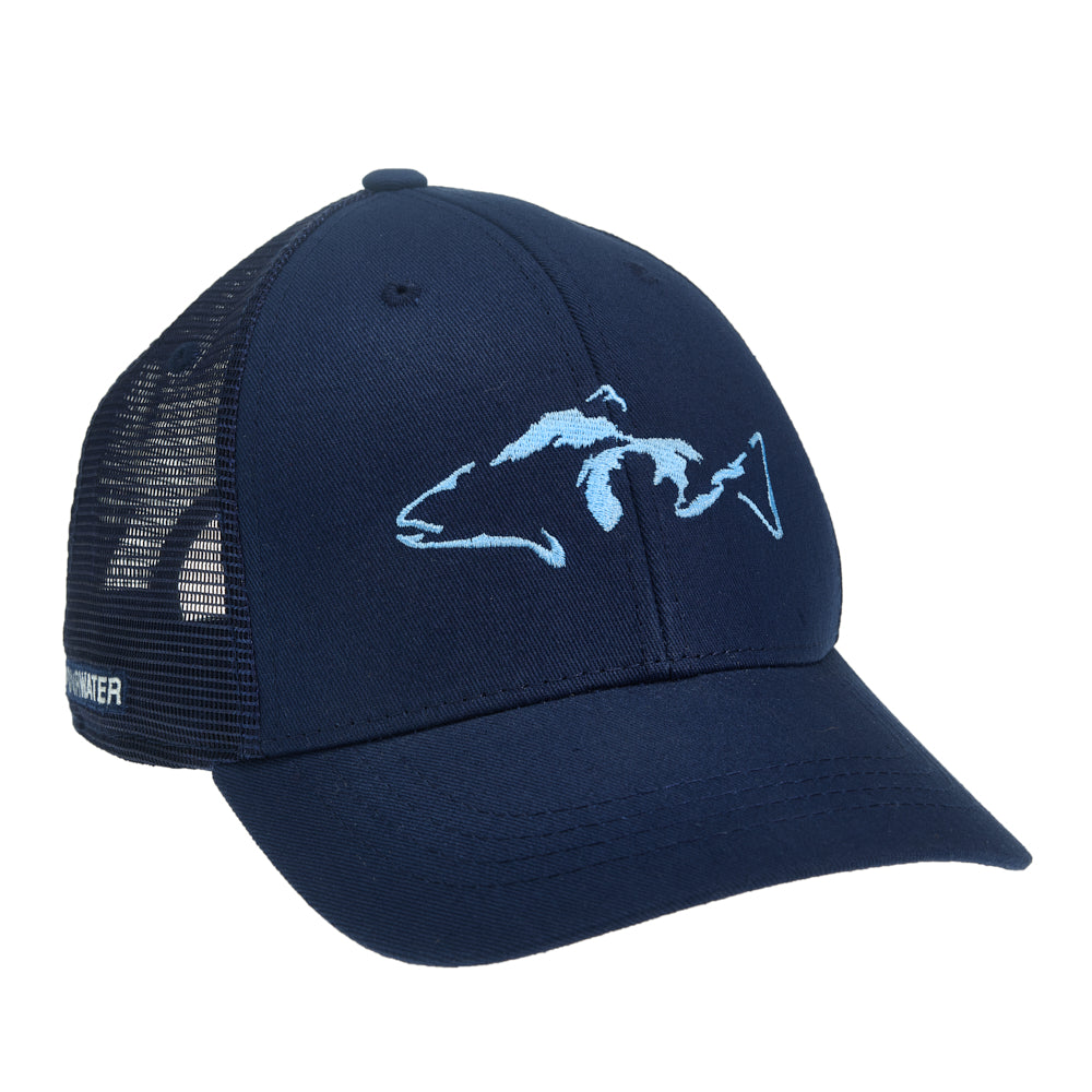 A hat with navy mesh in the back and navy cloth in the front. Embroidered in light blue on the front of the hat is the great lakes combined with a fish head and tail to make a fish shape.