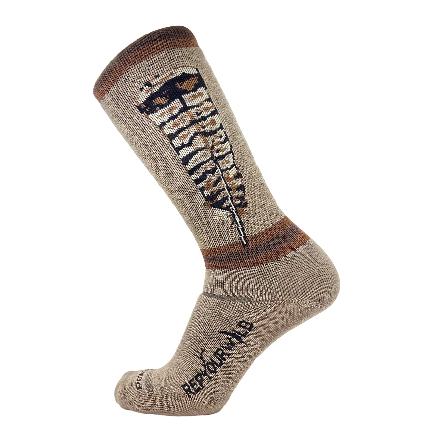 A single sock with a feather on the main part and reads repyourwild on the foot