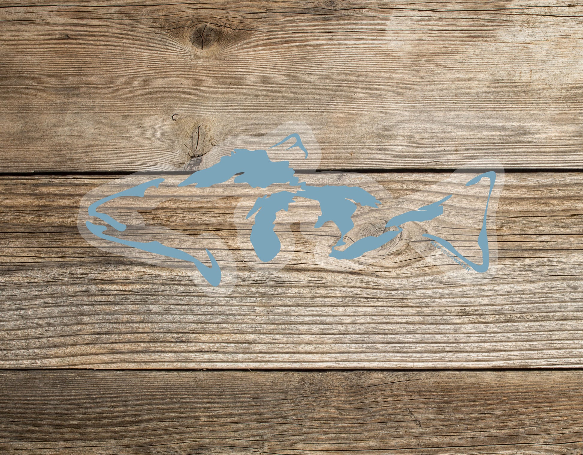 A sticker on a wood background. The sticker is a light blue shape of the great lakes combined with a fish head and fins to create the shape of a trout.