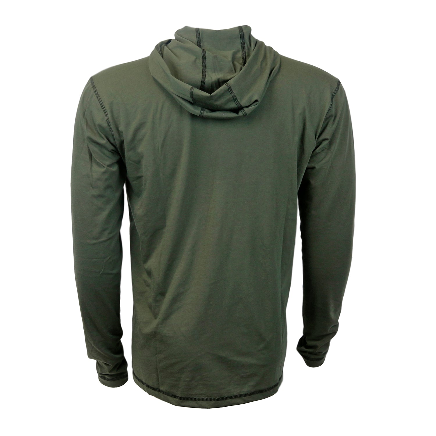 Back view Front view of a dark natural green, long sleeved shirt with hood.