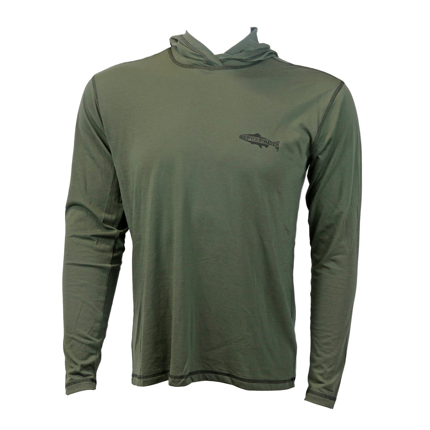 A green longsleeved shirt shown in the front with a hood back and a logo that says repyourwater inside a trout silhouette on the chest