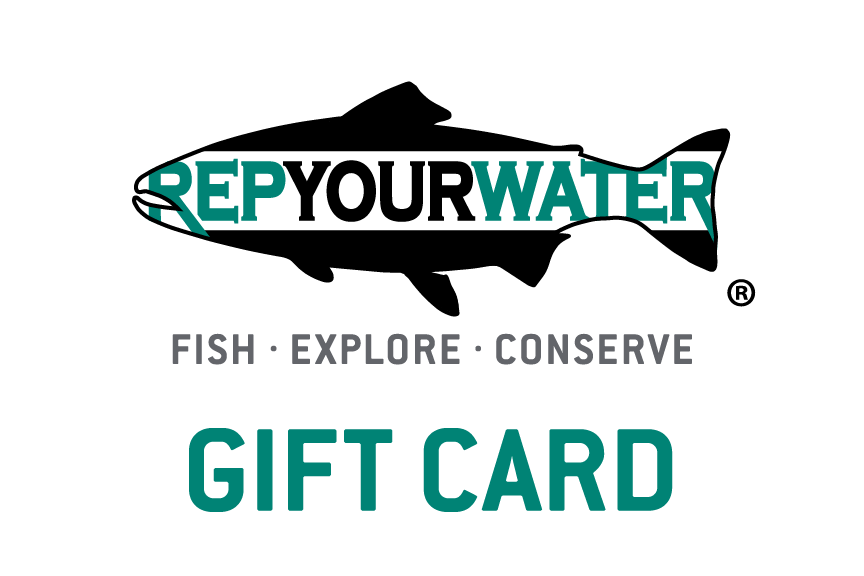 An image of an electronic gift card.  It has a logo that says repyourwater inside a trout silhouette above the words fish explore conserve and on the bottom line it says gift card