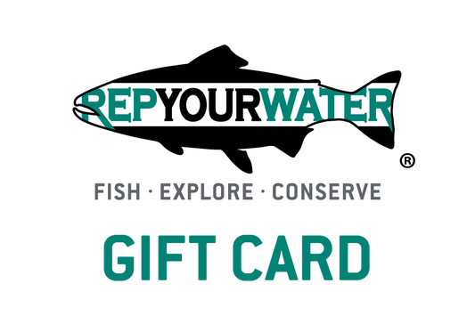 An image of an electronic gift card.  It has a logo that says repyourwater inside a trout silhouette above the words fish explore conserve and on the bottom line it says gift card