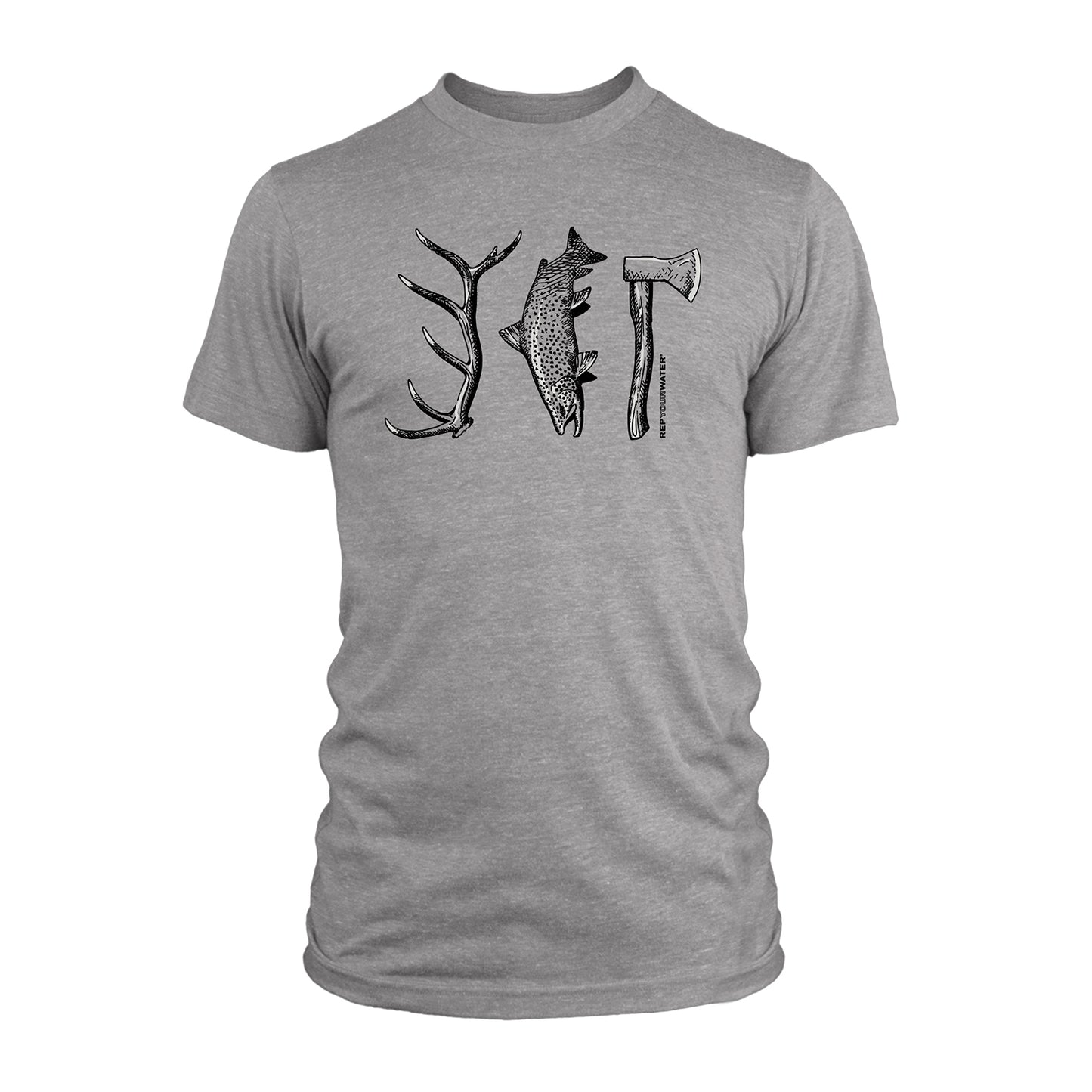 gray short sleeve shirt with decals of an antler a trout and a hatchet with text that reads rep your water in black