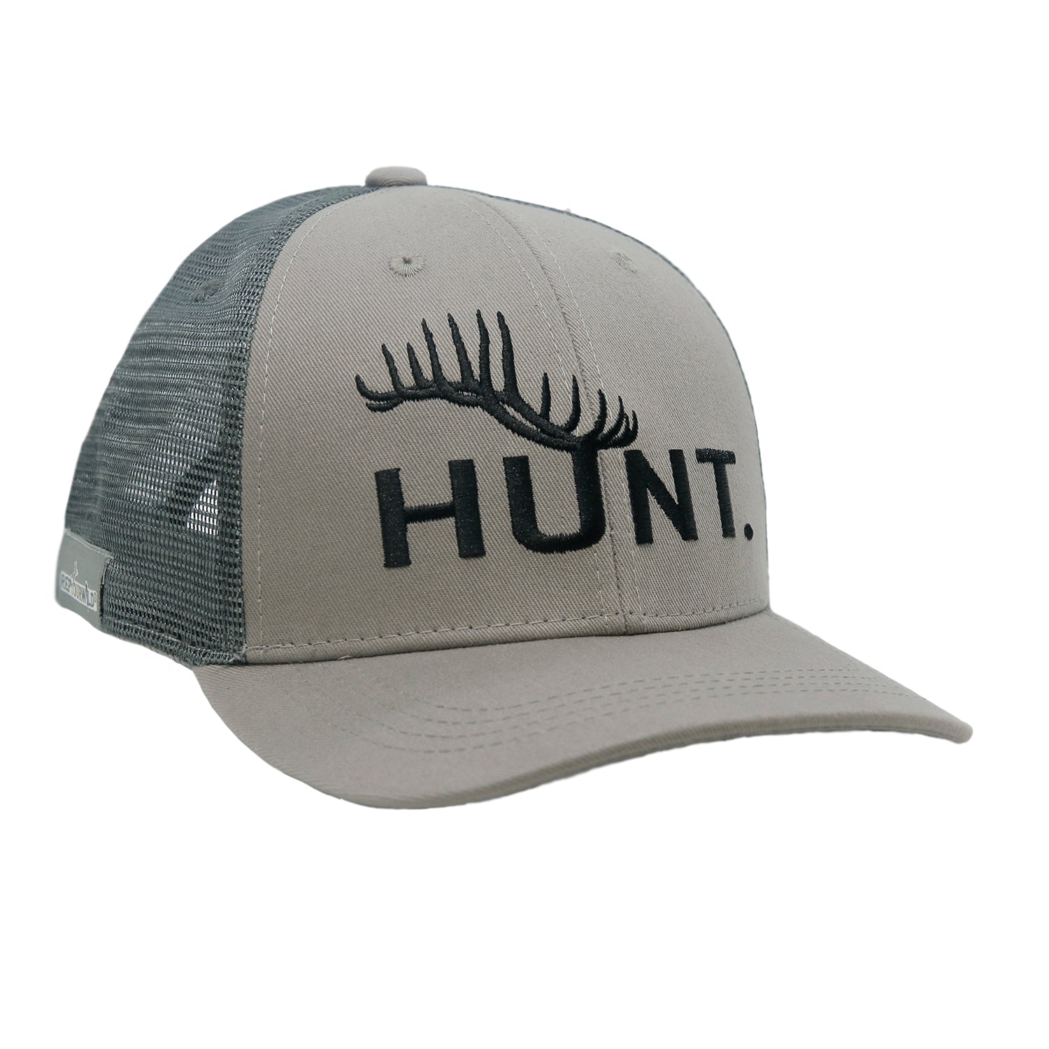 A hat with black mesh and gray front has the word HUNT with elk antlers on top of the U