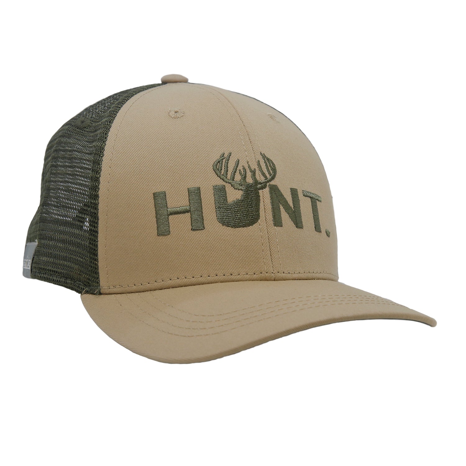A hat with green mesh and tan front fabric has the word HUNT with a white tail deer head in the U
