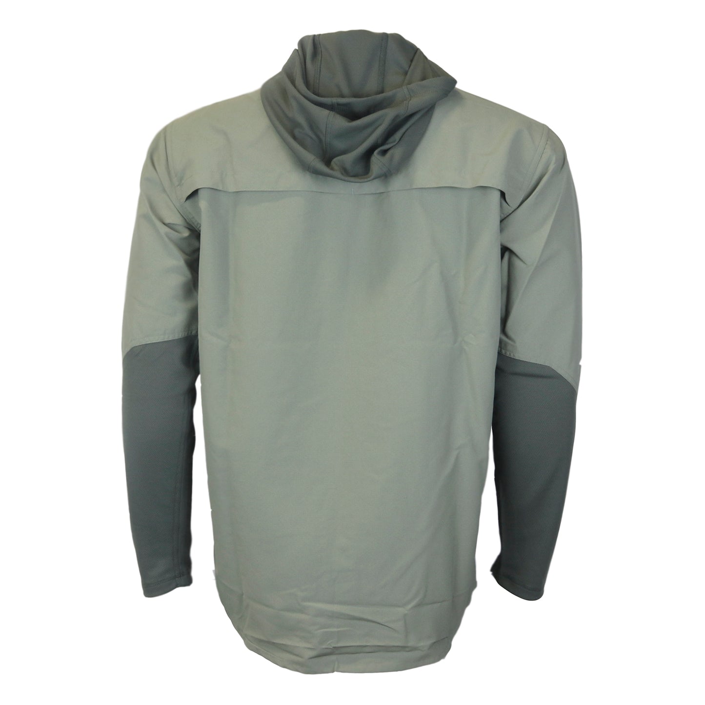 A back view of A sage green button up shirt with crew sleeves, a collar and hood down over the back.