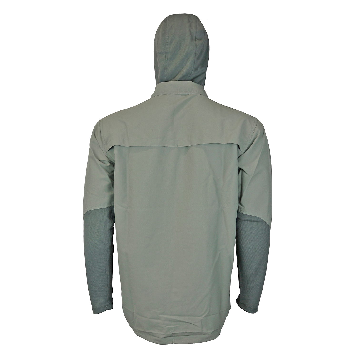 A back view of a sage green shirt with crew sleeves, a collar and a hood up.