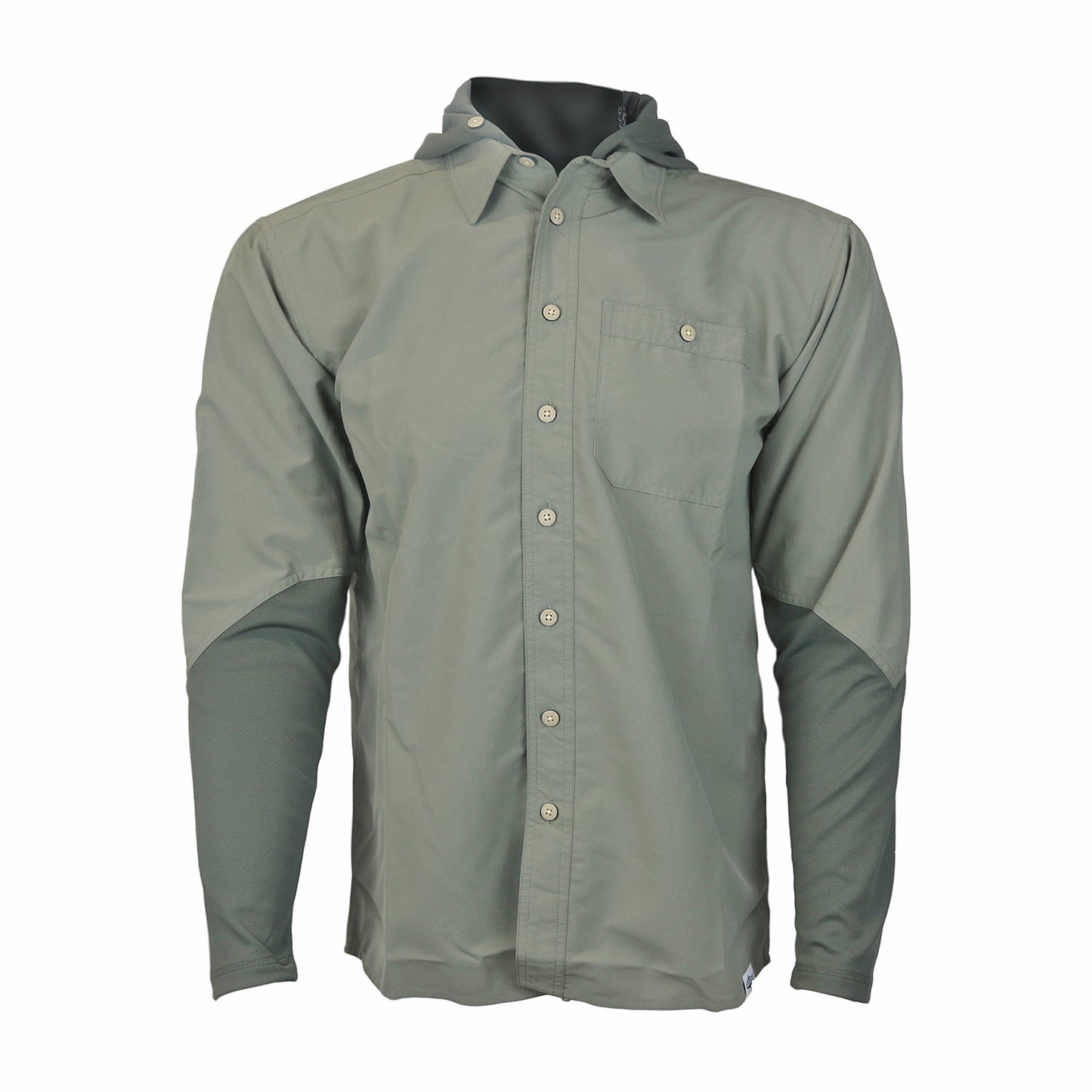 A sage green button up shirt with crew sleeves, a collar and a hood down over the back.