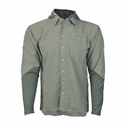 A sage green button up shirt with crew sleeves, a collar and a hood down over the back.