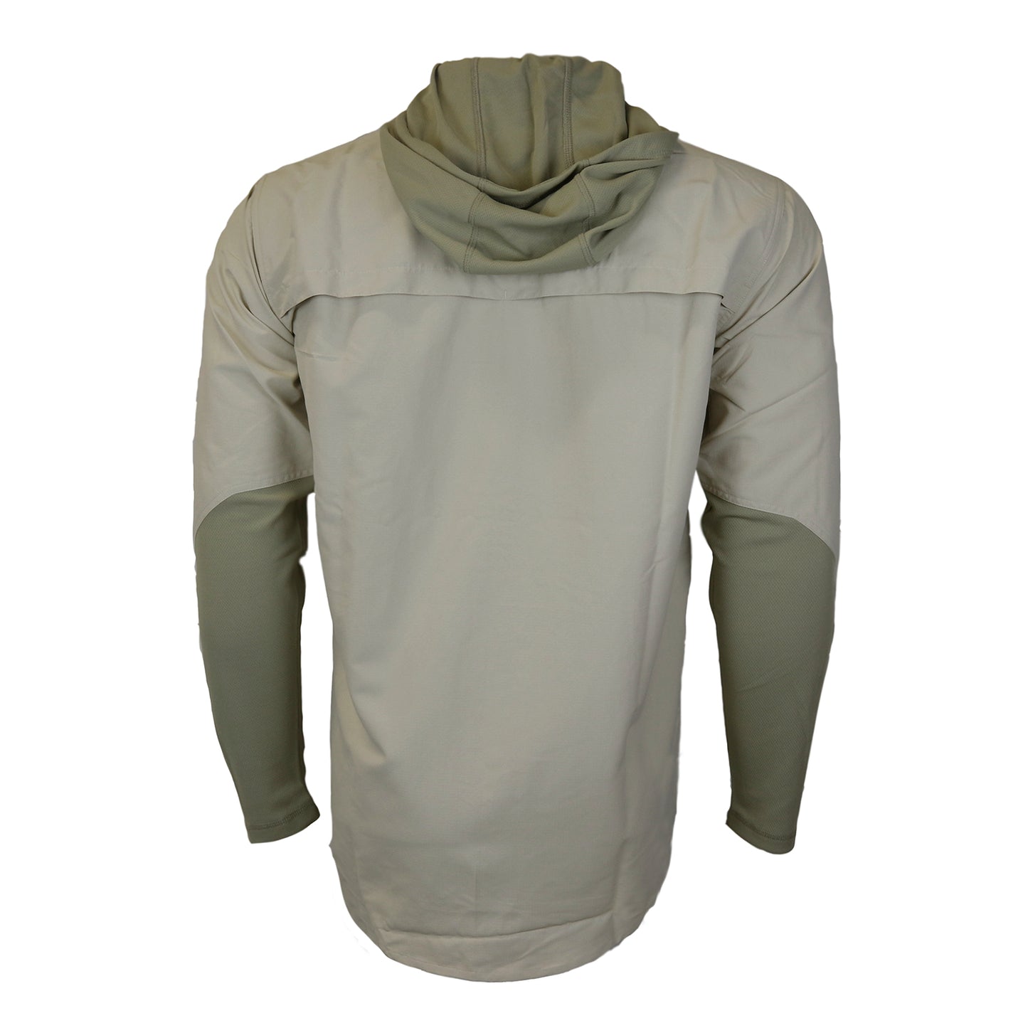 Back view of a tan button down shirt with crew sleeves, a collar and a hood down over the back.