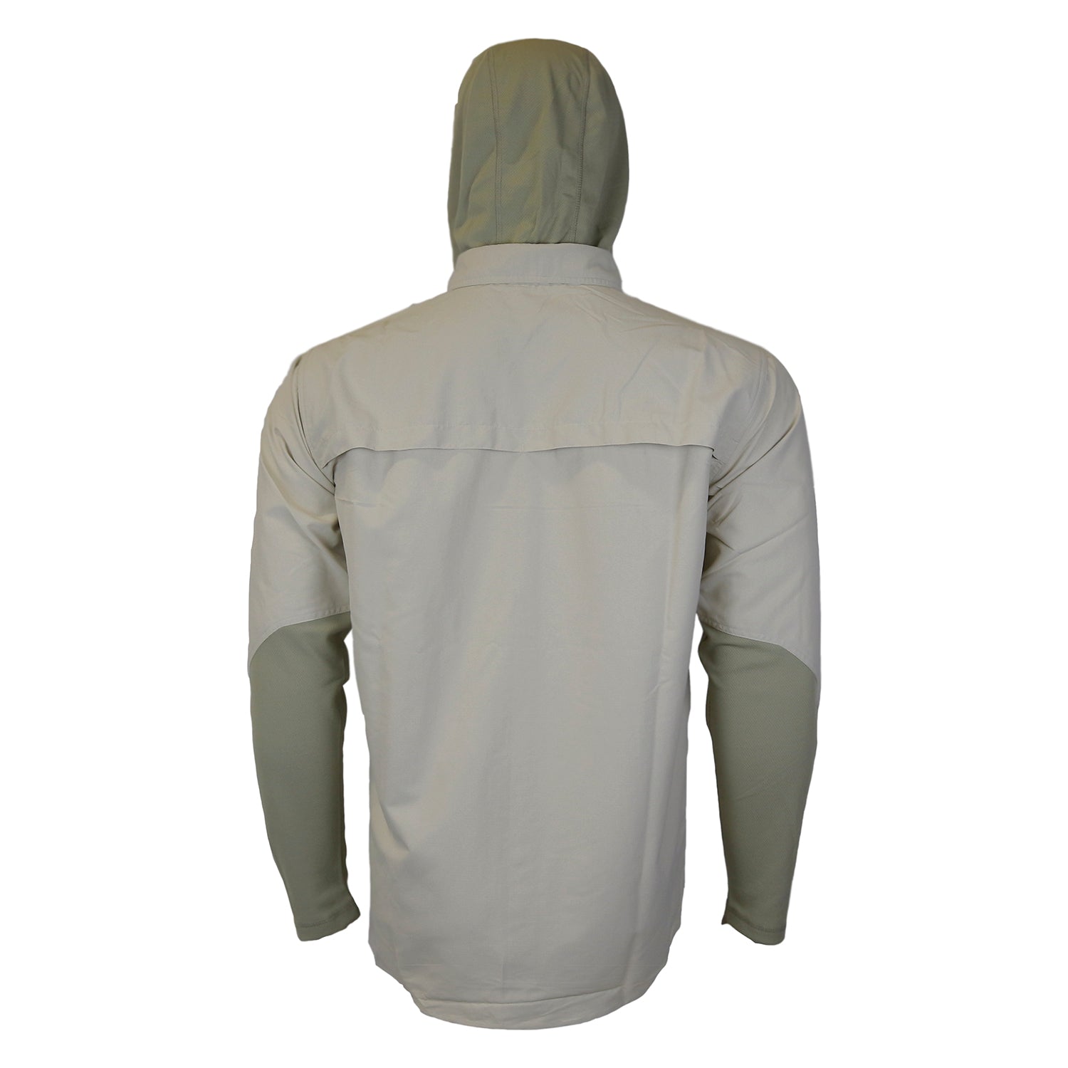 Back view of a tan button down shirt with crew sleeves, a collar and a hood up.