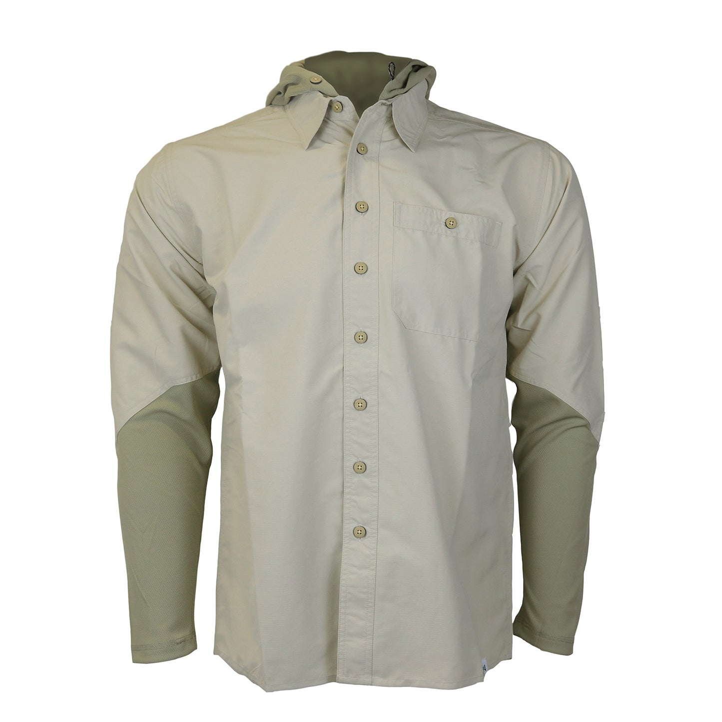 Front view of a tan button down shirt with crew sleeves, a collar and a hood down over the back.