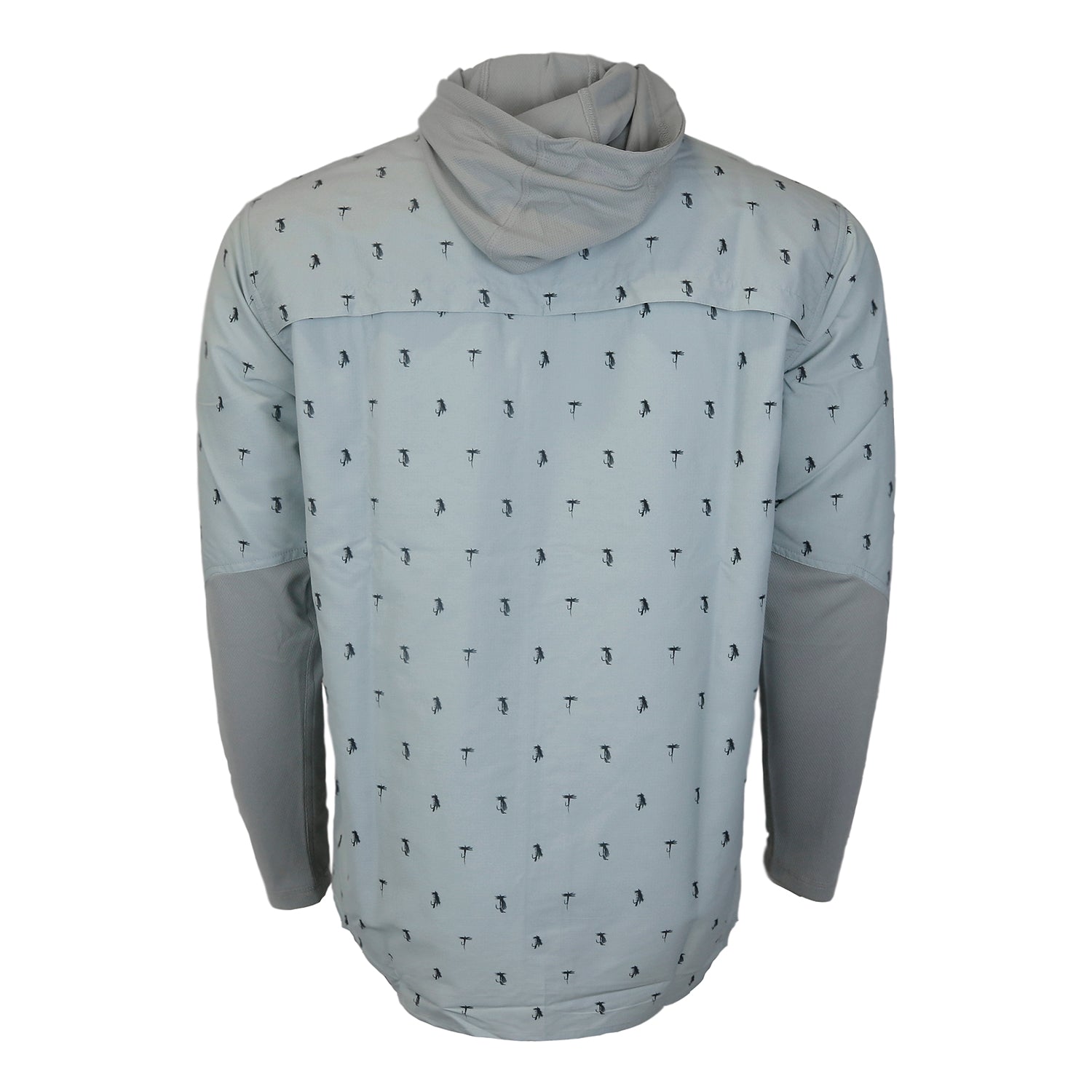 The back view of a button up, light gray shirt with crew sleeves, a collar and a hood. The shirt has small dark gray dry flies printed all over it except for the crew sleeves.