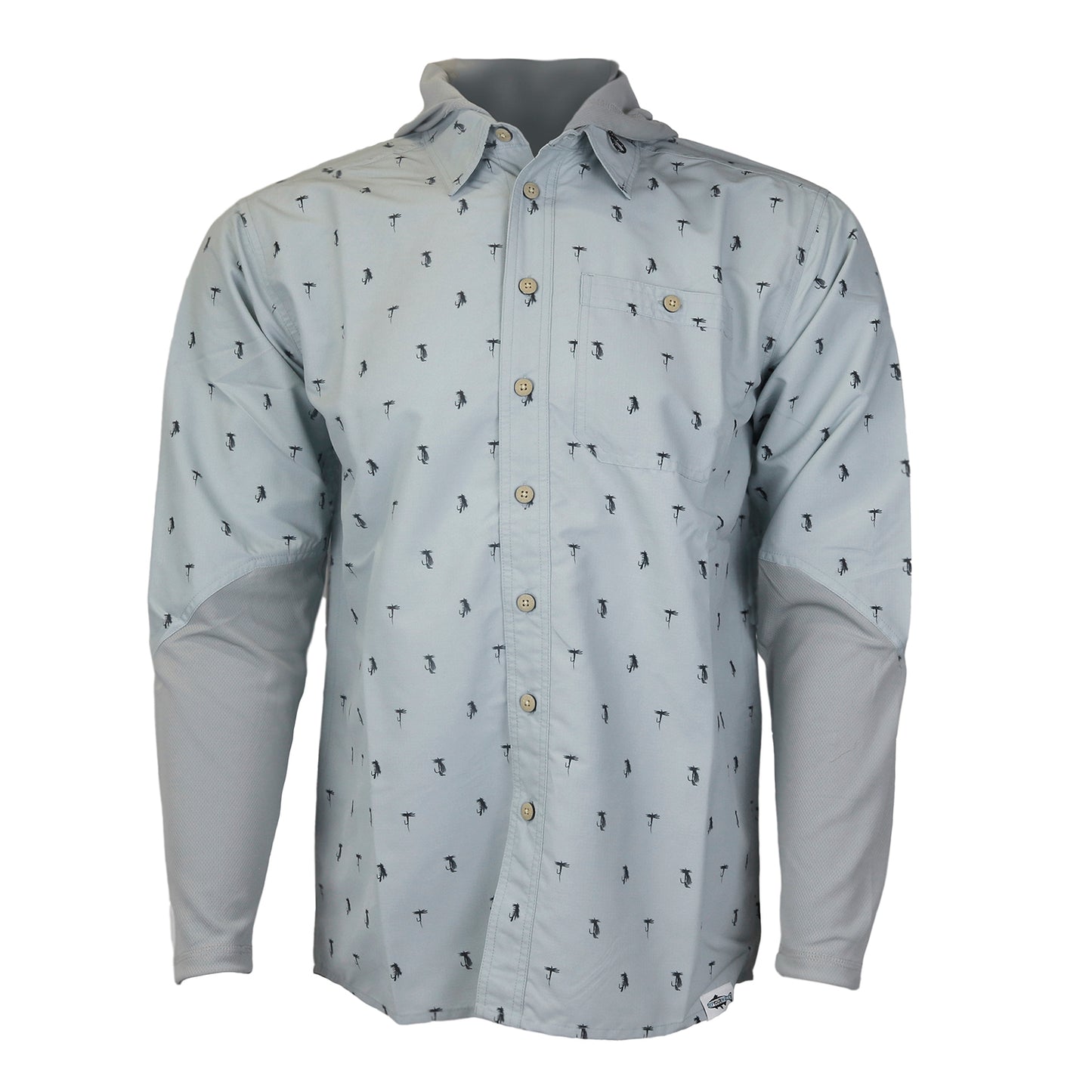 The front of a button up, light gray shirt with crew sleeves, a collar and a hood. The shirt has small dark gray dry flies printed all over it except for the crew sleeves.