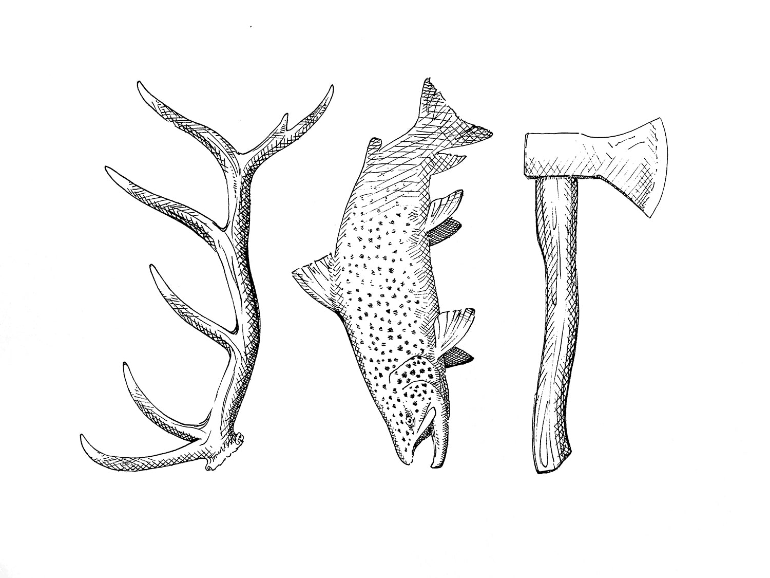 A pen and ink drawing of an elk antler, a trout and a hatchet