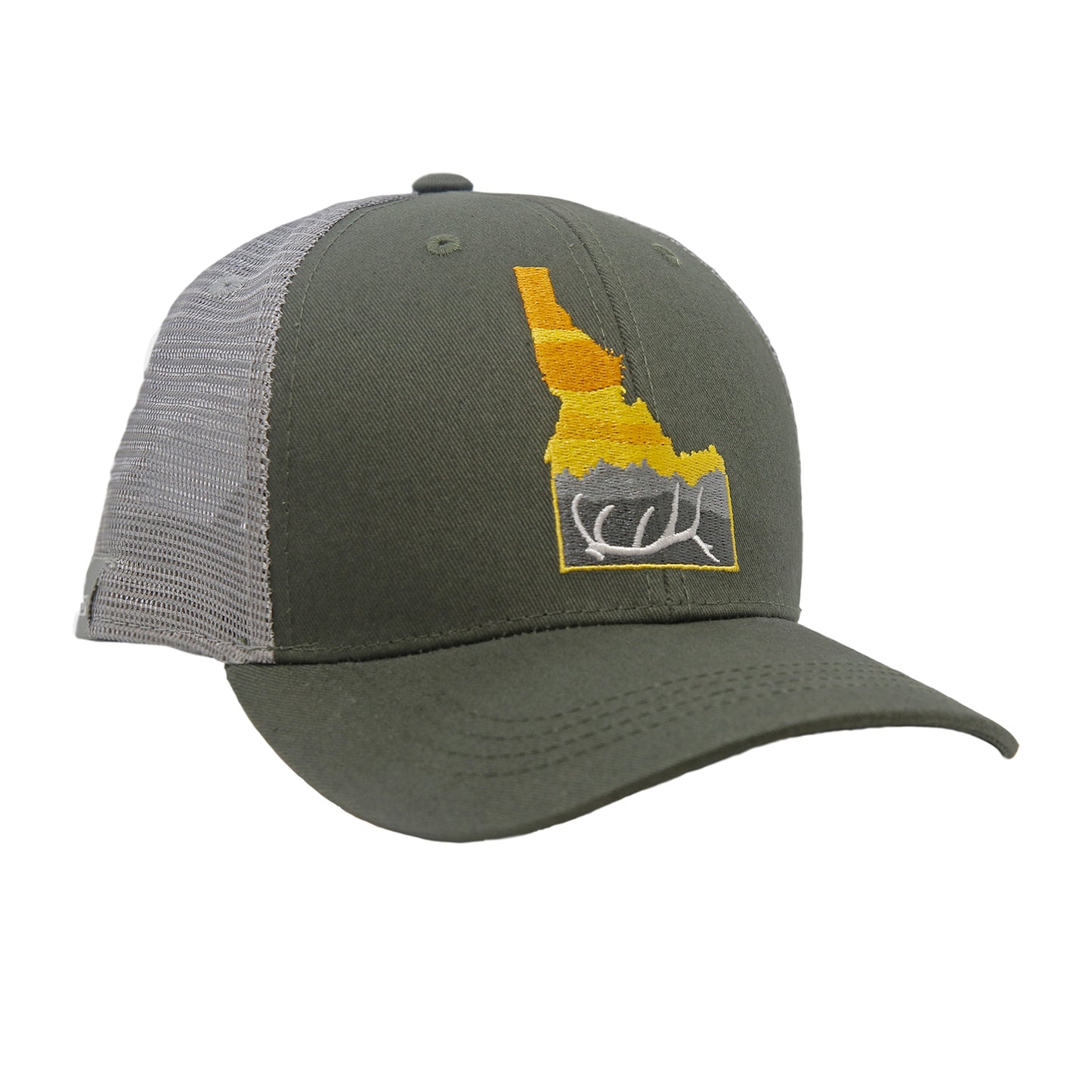 A hat with gray mesh and a green fabric front has the shape of idaho with a elk angler inside of it