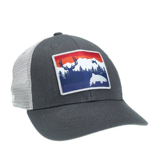 A hat with light gray mesh in the back, dark gray fabric in the front and a large patch on the front of the hat that has mountains, a mule deer, a flying grouse and a trout on it.