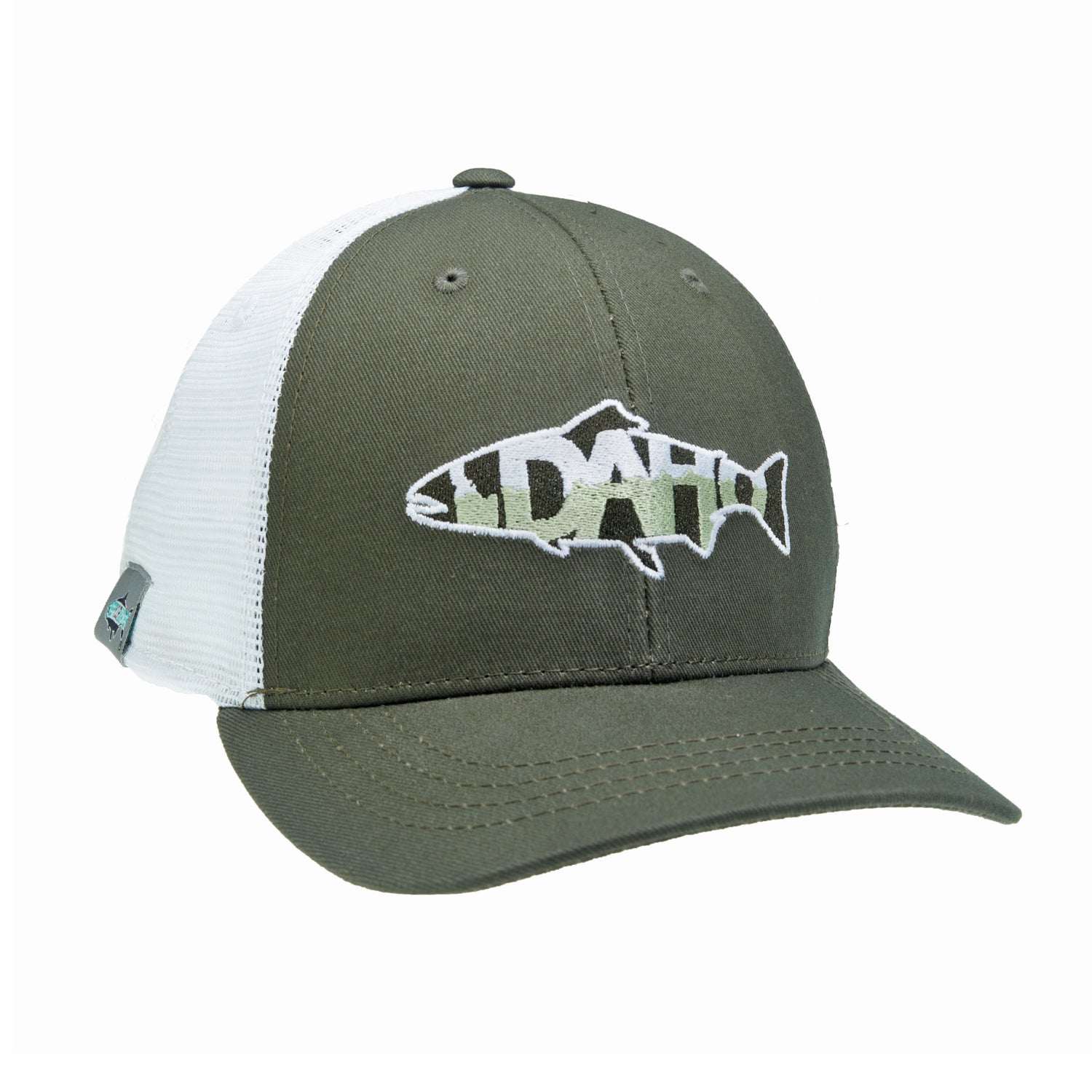 A hat with white mesh in the back and dull green fabric on the front. Embroidered on the front is a trout with the word "IDAHO" inside of it.