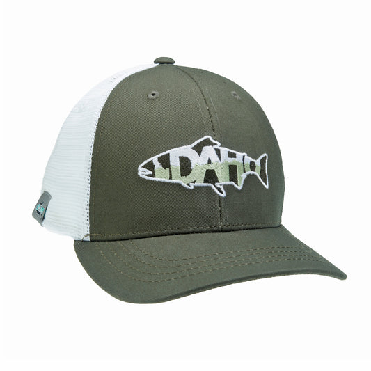 A hat with white mesh in the back and dull green fabric on the front. Embroidered on the front is a trout with the word "IDAHO" inside of it.