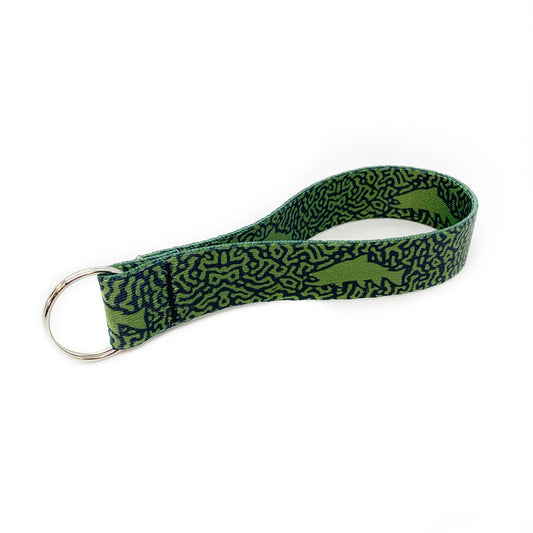 Key ring connected to a loop of nylon webbing with green fish pattern.