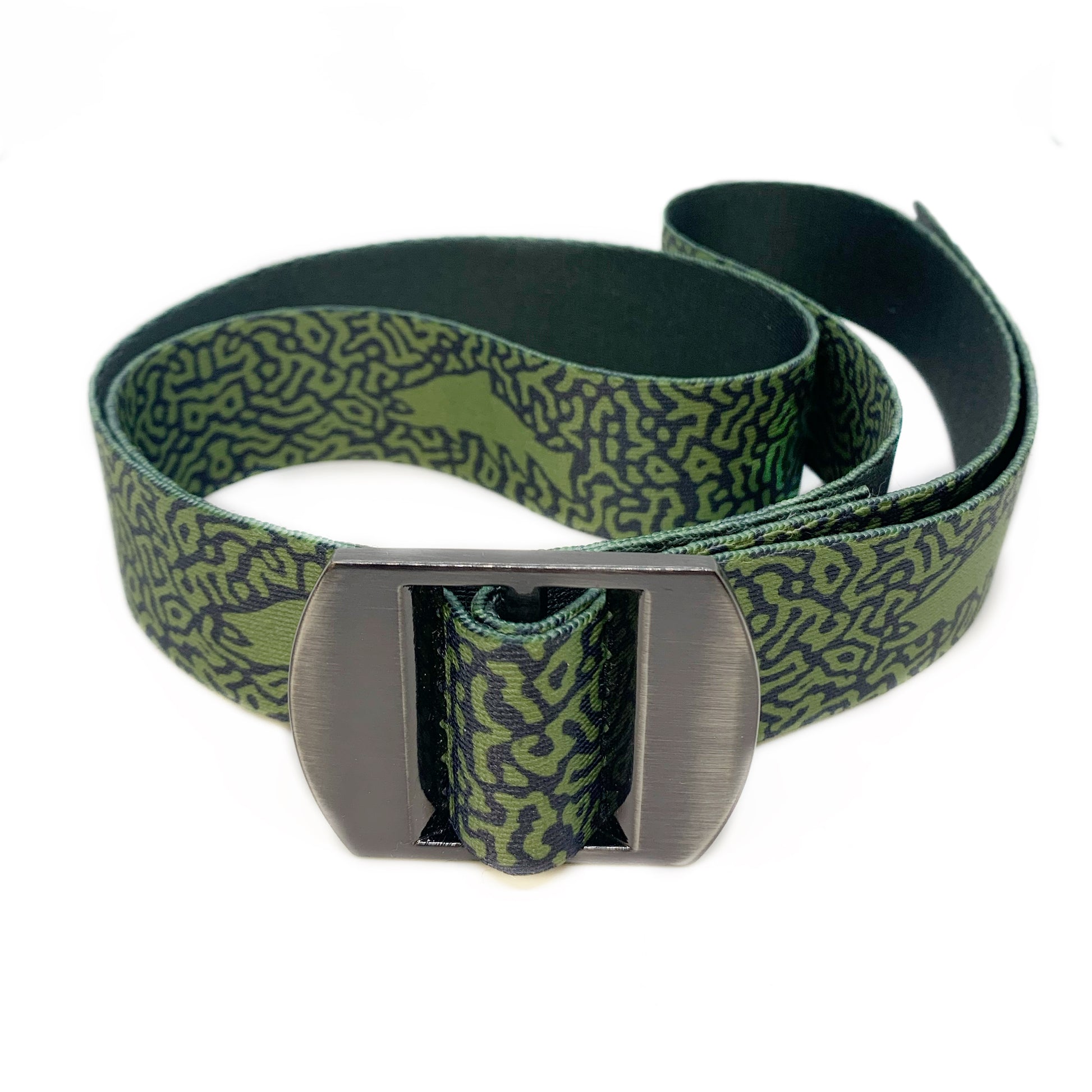 A nylon belt with a metal front buckle has brook trout print and trout on it.