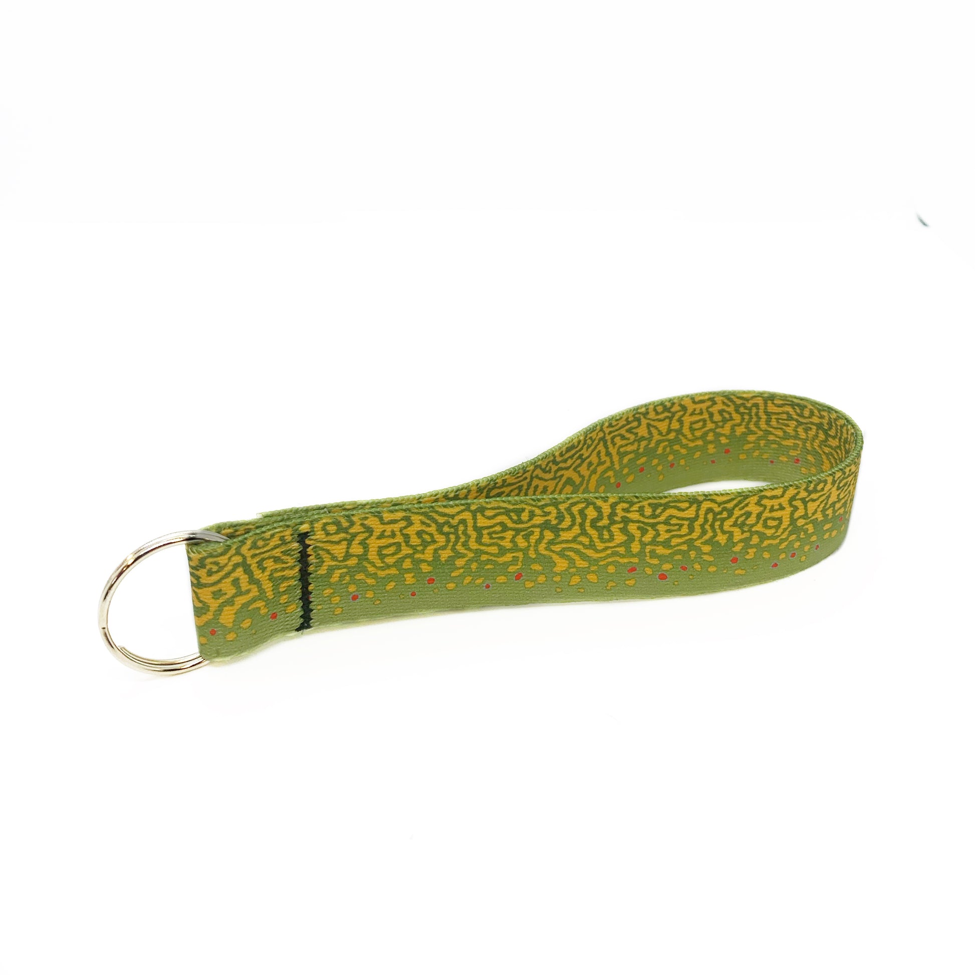 A loop of nylon in the pattern of brook trout skin is connected to a key ring it has a logo inside that says repyourwater inside a trout silhouette