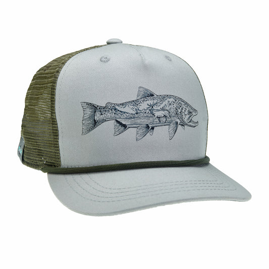 A hat with green mesh in back and gray fabric in front has a drawing of a trout with a drawing of an elk inside of it