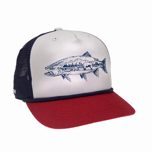 A hat with navy blue mesh in the back, light gray cloth in the front and a red brim. Printed on the front is a drawing of a trout with a family of bears by the river inside of the fish.
