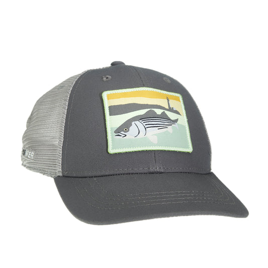 A hat with light gray mesh in the back, dark gray fabric in the front and a rectangular patch on the front of the patch that features a striped bass and a lighthouse.