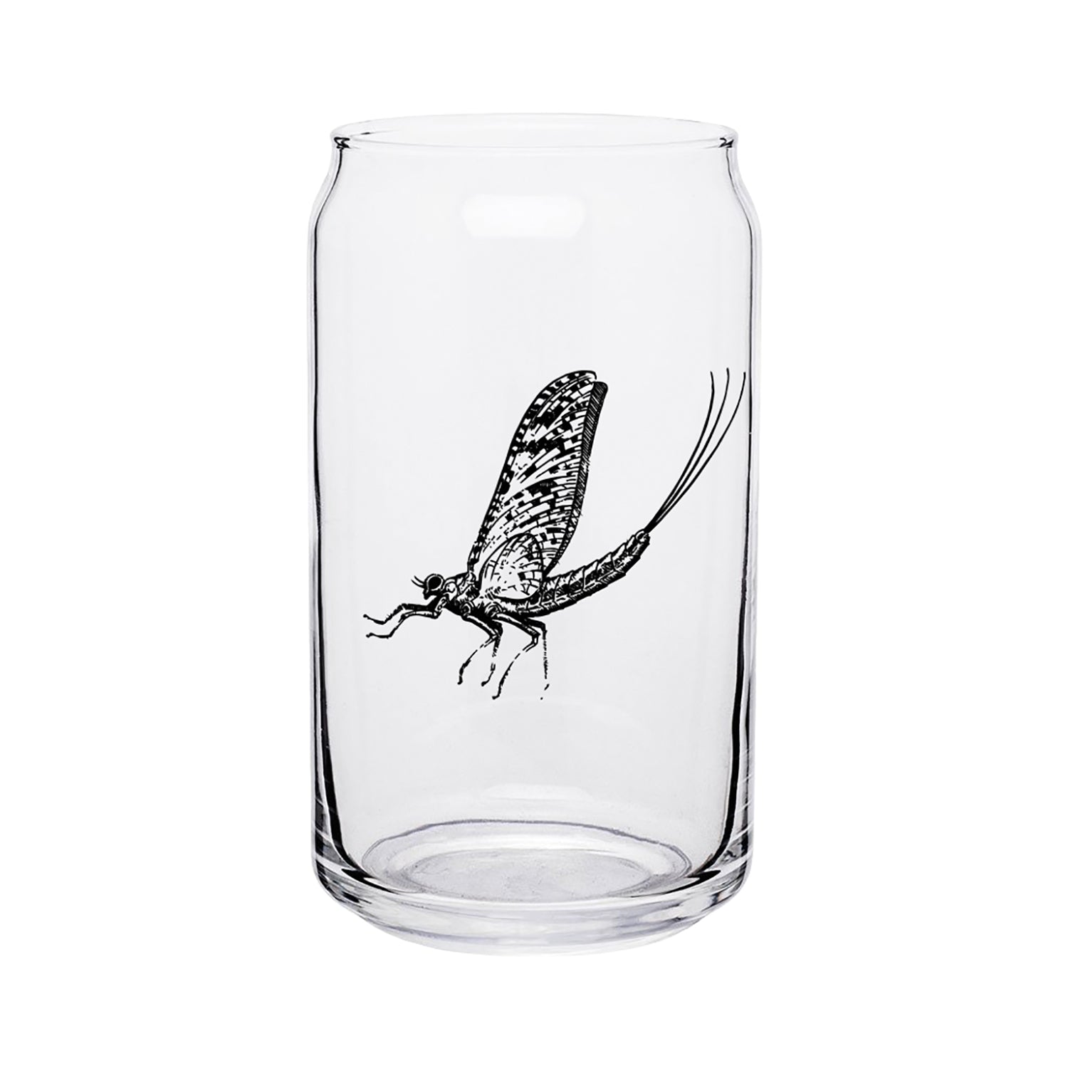 A glass shaped like a can has a drawing of a mayfly on it