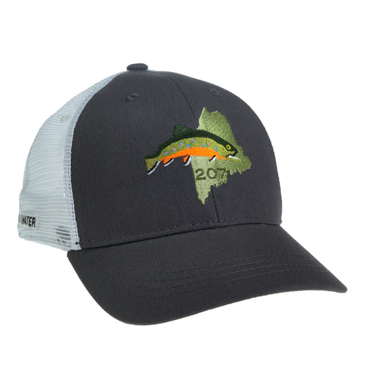 A hat with white mesh in the back, dark gray fabric in the front and an embroidered design on the front that features the shape of the state of Maine, a brook trout and "207".
