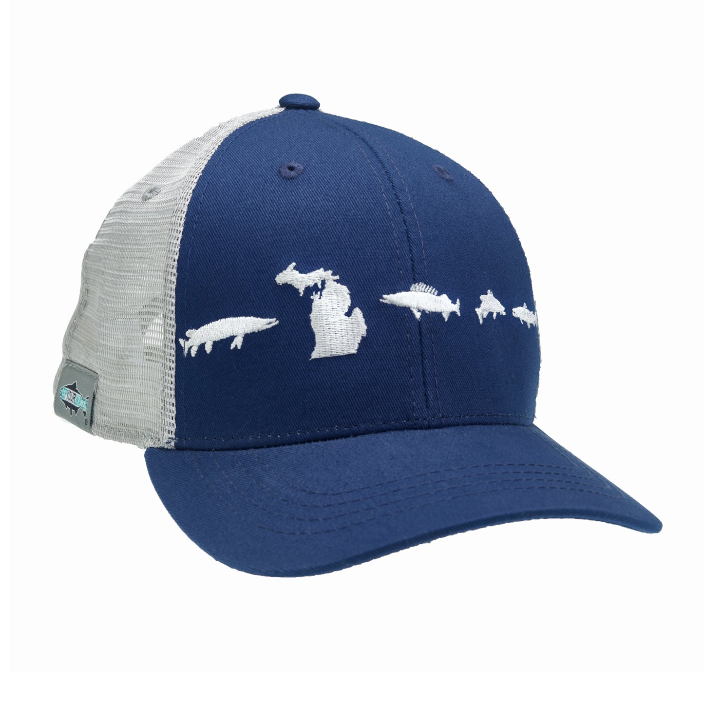 A hat with light gray mesh in the back, navy cloth in the front and fish embroidered across the front of the hat with the state shape of Michigan.