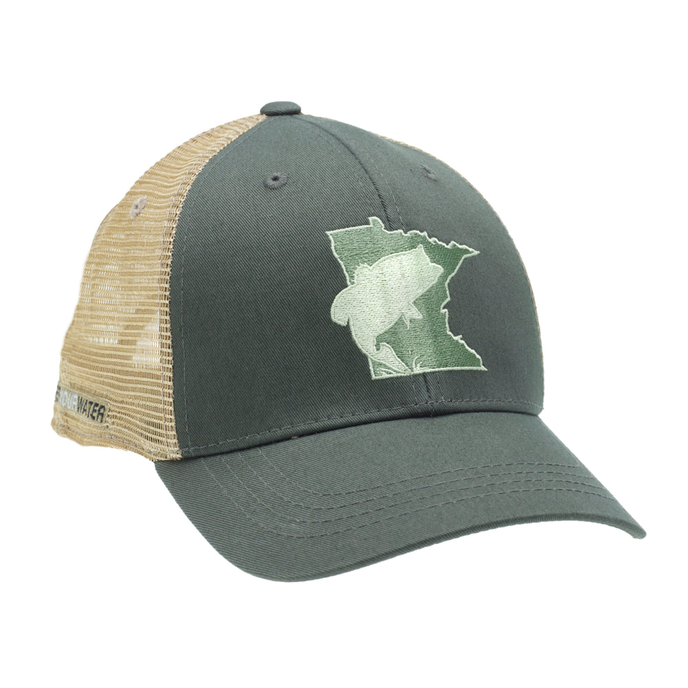 A hat with tan mesh in the back, green fabric in the front and embroidered design on the front featuring a bass inside of the state shape of Minnesota. 