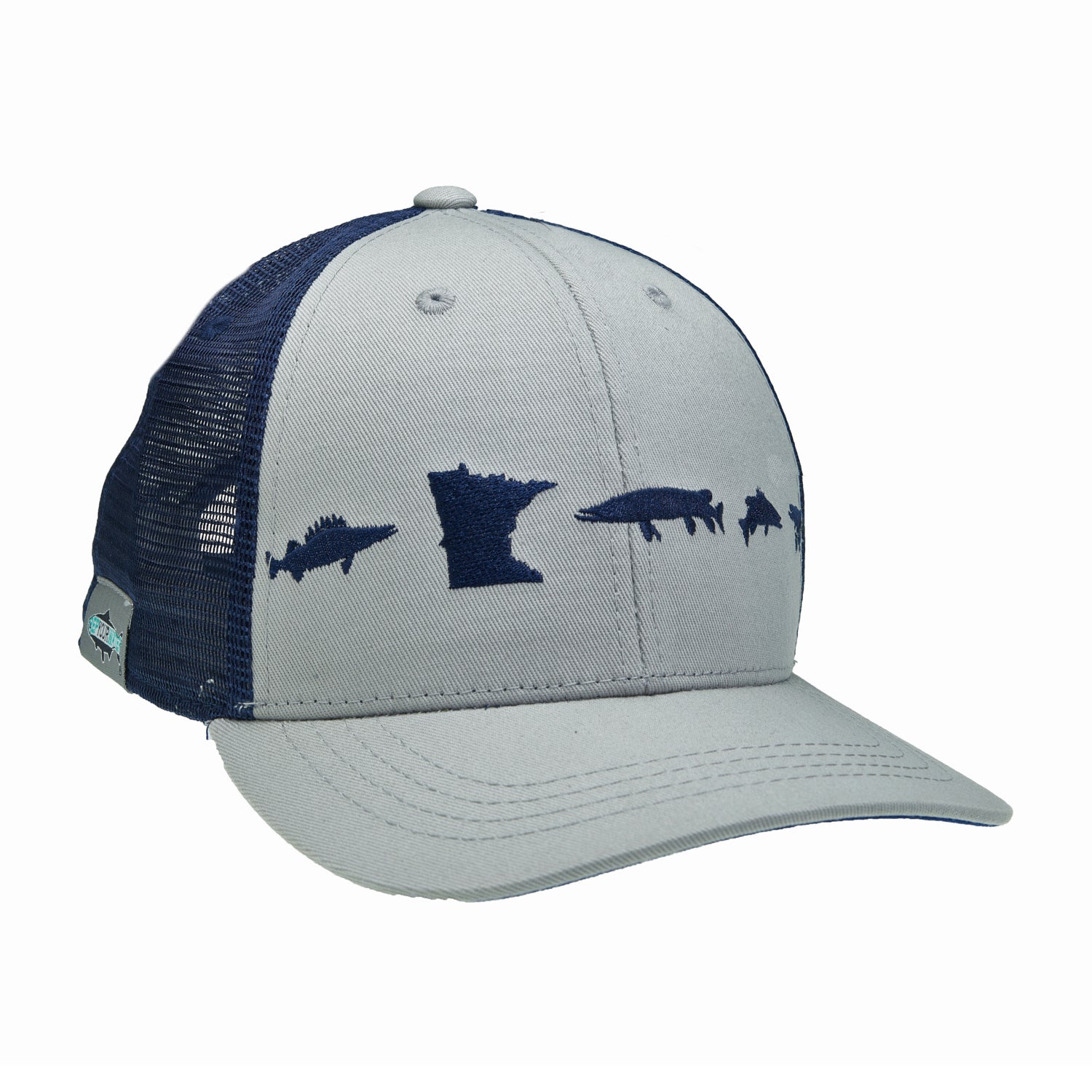 A hat with navy blue mesh in the back, light gray fabric in the front and fish embroidered across the front of the hat with the state shape of Minnesota.