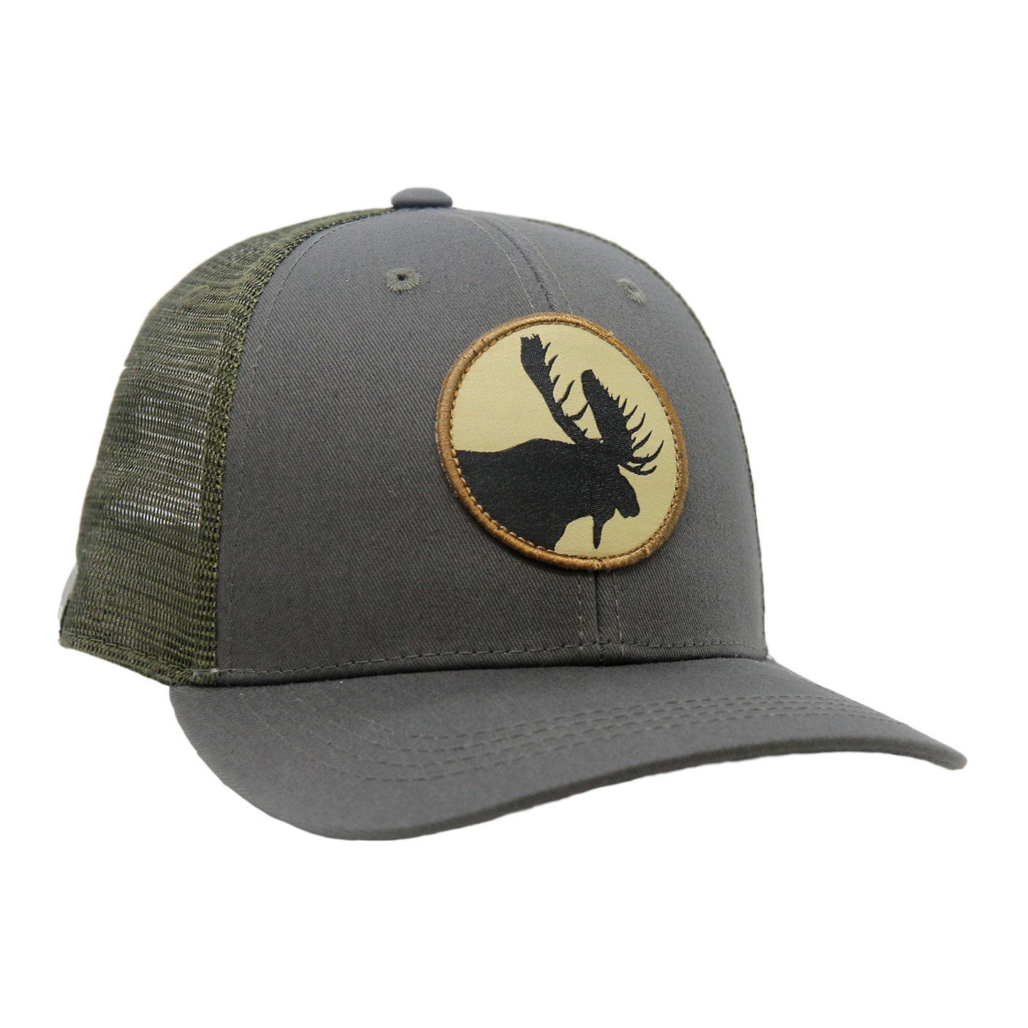 A hat with green mesh in back and gray fabric in front has a patch with a moose silhouette on the front