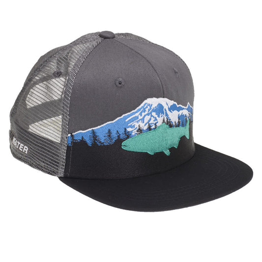 A hat with gray mesh in the back, gray fabric in the front and an embroidered design across the whole front of the hat of Mount Rainier, pine trees and a fish.