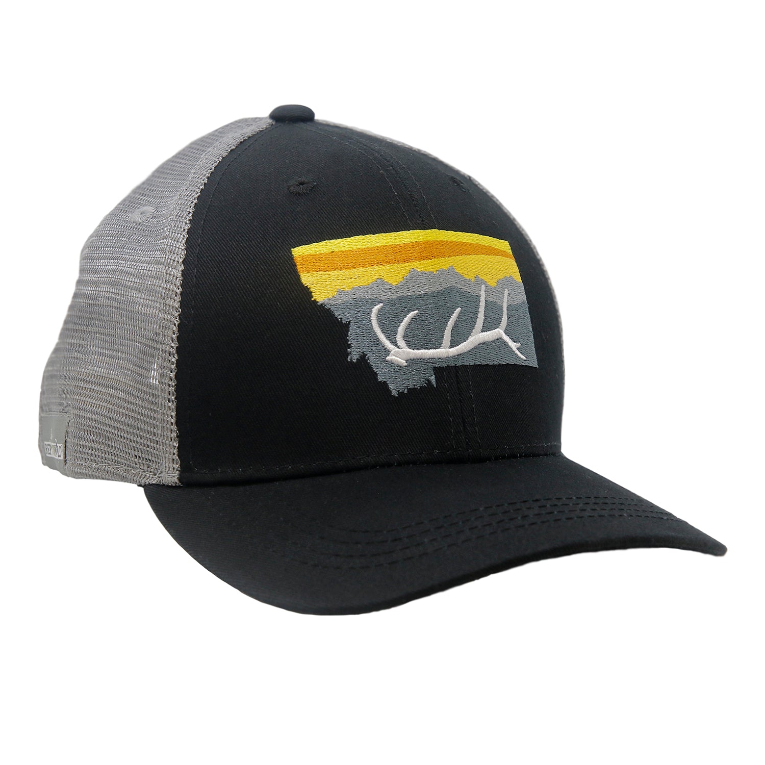 A hat with gray mesh and black fabric front has the shape of montana on the front with an elk antler inside