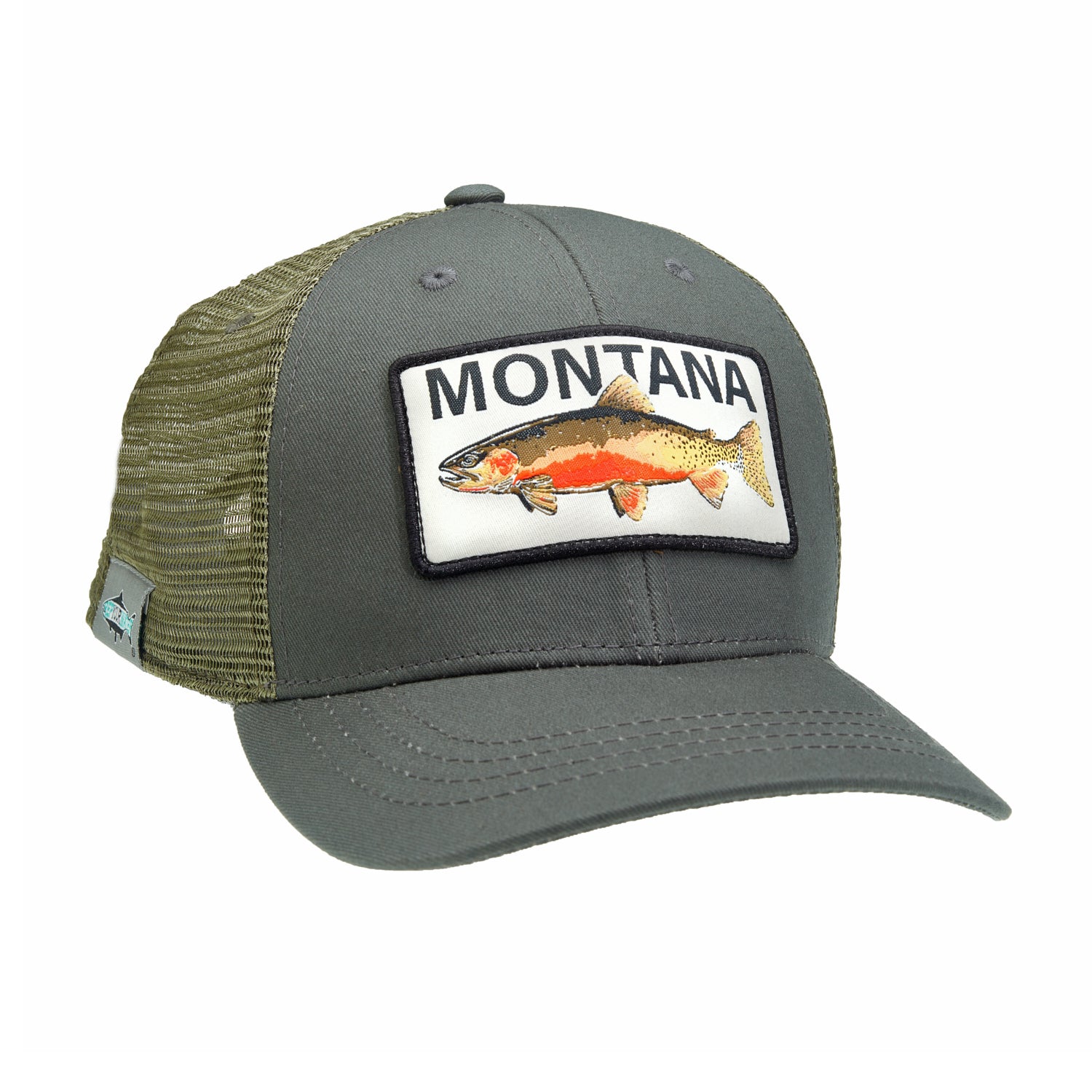 A hat with dull green mesh in the back, dull green cloth in the front and a rectangular patch on the front that has the word "MONTANA" in it and a colorful cutthroat trout.