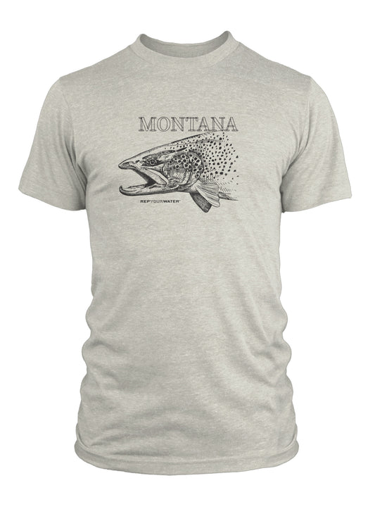 A light gray tee shirt that features a brown trout head drawing on the front and the words "MONTANA" and "REPYOURWATER".