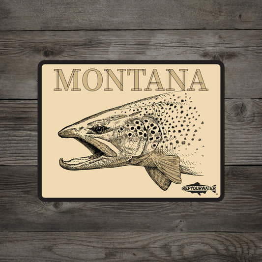 A rectangular sticker shown on a wood background that features a brown trout head and the word "MONTANA". In the bottom right corner is the RepYourWater logo that is a fish silhouette with the word "REPYOURWATER" inside of it.
