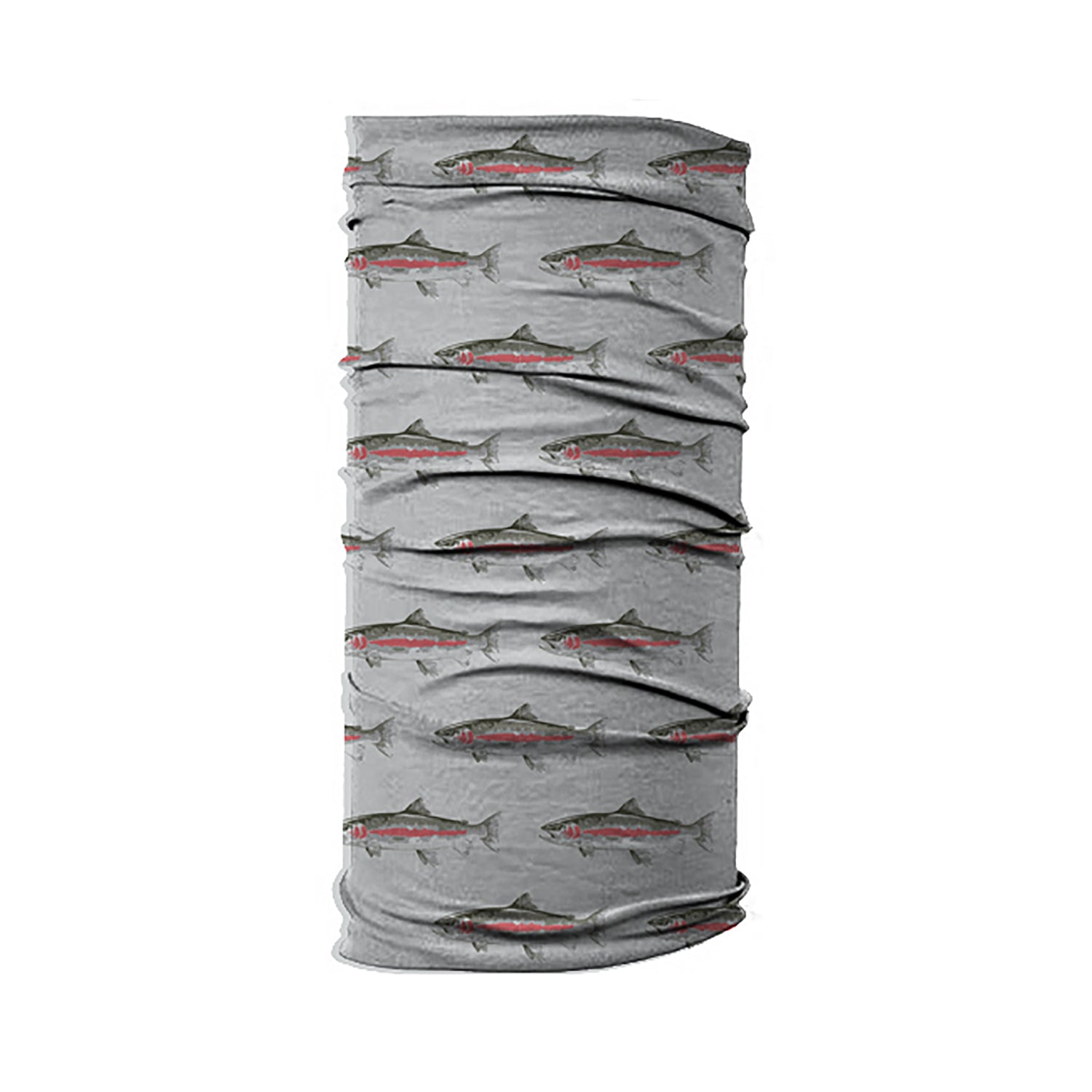 A fishmask neck tube with rainbow trout printed all over it.