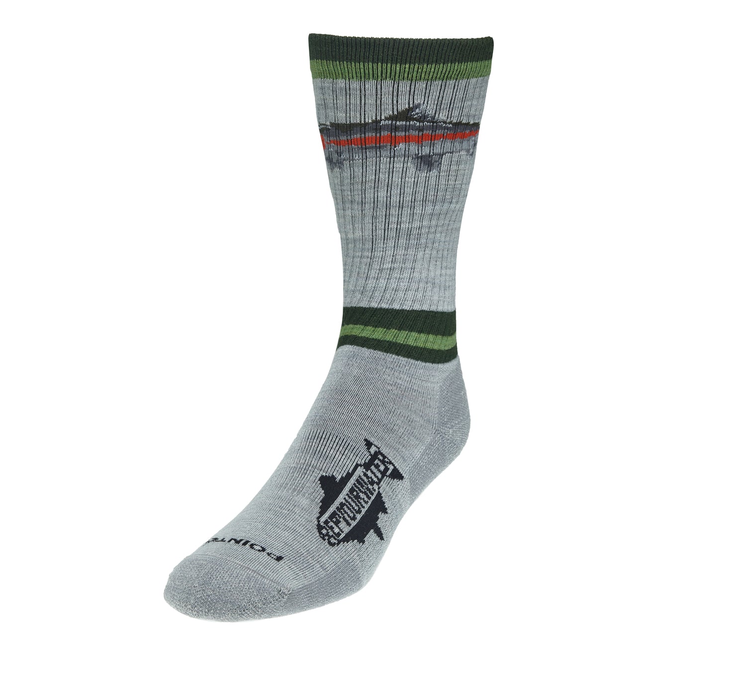 A light gray sock with green stripes and a rainbow trout on it.