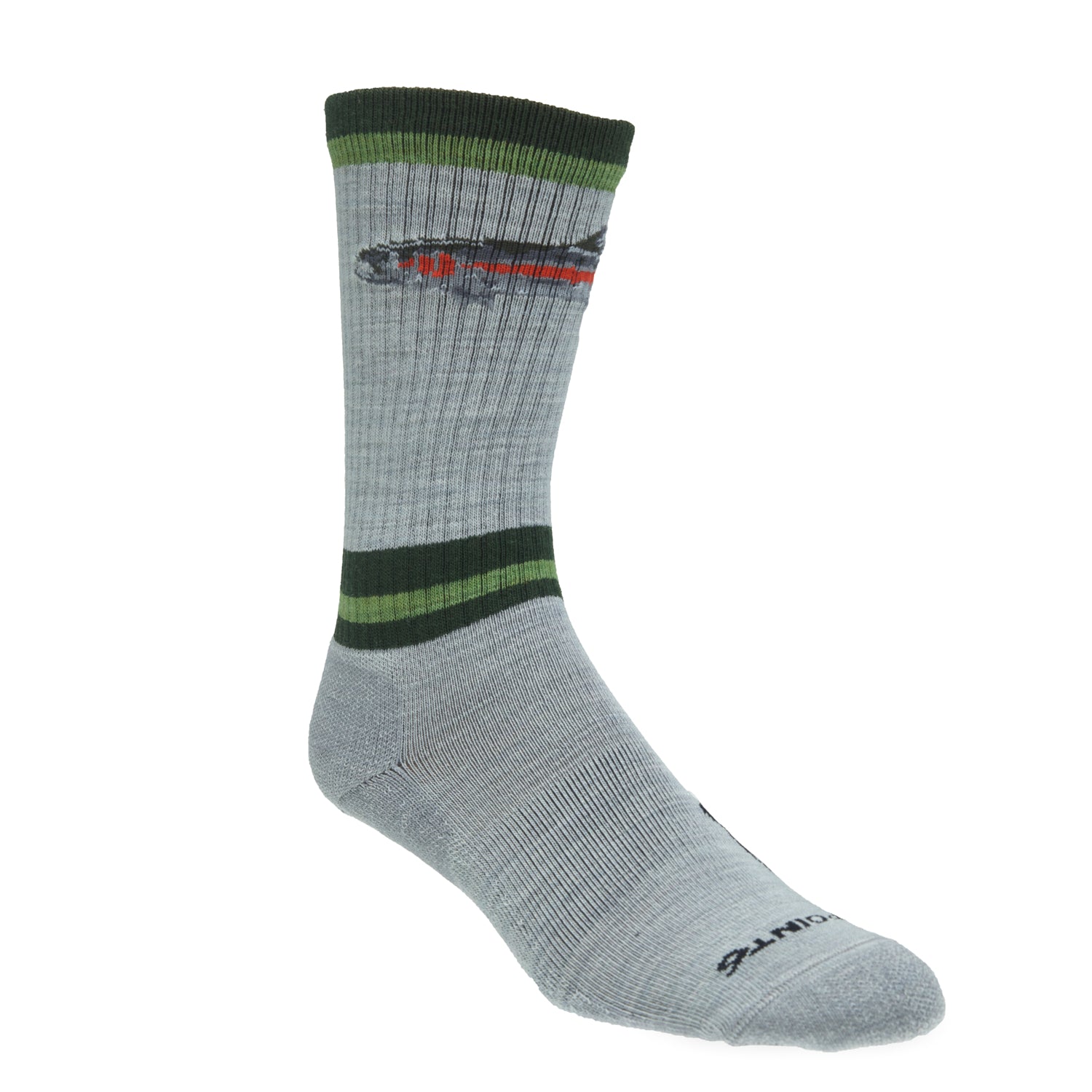 A light gray sock with green stripes and a rainbow trout on it.