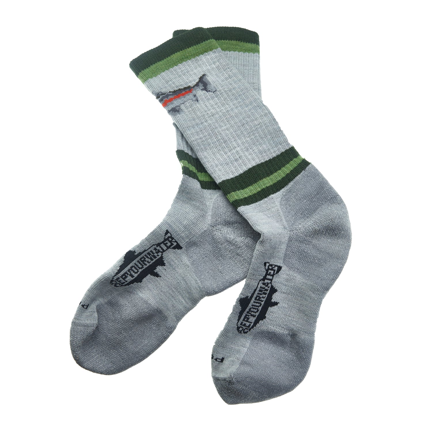 A pair of light gray socks with green stripes and a rainbow trout on them..