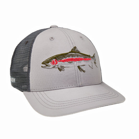 A hat with gray mesh in the back, light gray mesh on the front and a rainbow trout embroidered on the front of the hat.