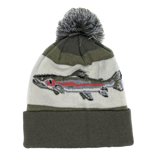 A winter hat with a gray cuff featuring a rainbow trout on the main area and a gray poof on top